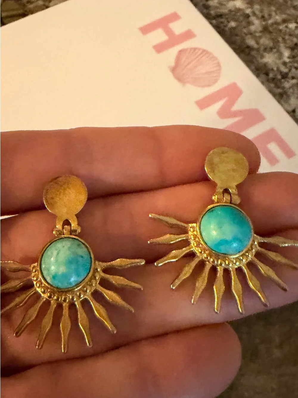Turkish Gold Played Sunburst Drop Earrings with Turquoise-Colored Natural Stone - Picture 3 of 5